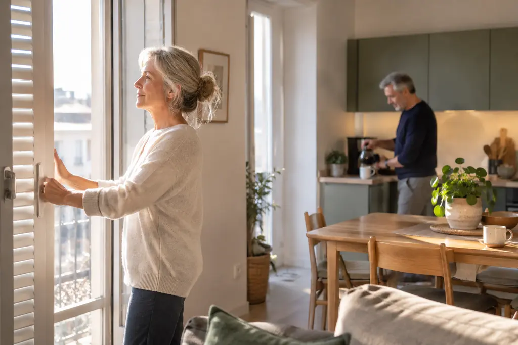 Une femme ouvre les volets d’un appartement tandis que son conjoint prépare du café.