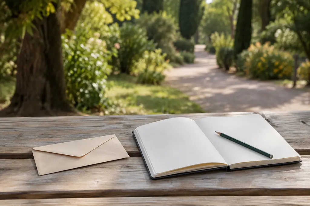 Une enveloppe neutre et un carnet vierge reposent sur un banc près d’un jardin arboré.