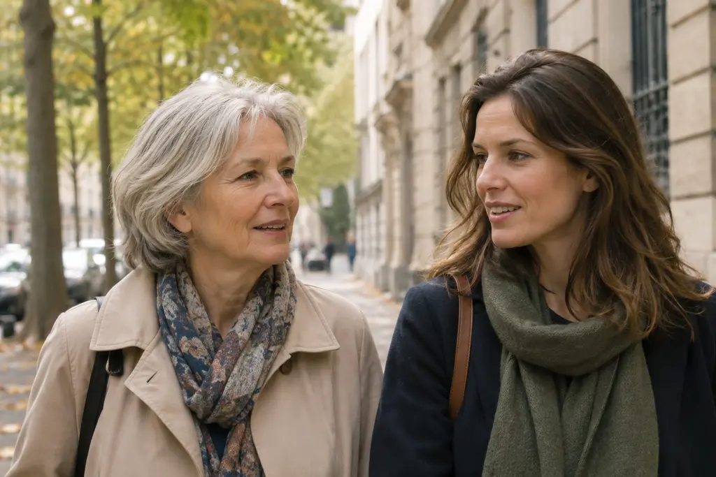 Une mère et sa fille marchent ensemble dans une rue arborée de Lyon.