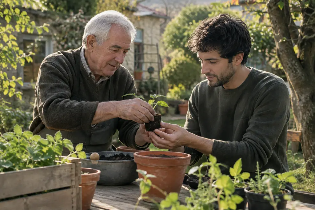 Un grand-père transmet une jeune plante à son petit-fils dans un jardin familial.