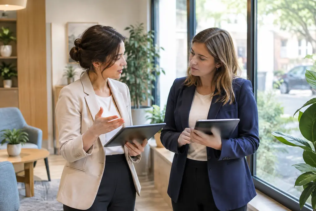 Deux conseillères échangent debout dans un espace de bureau lumineux et sans enseigne.