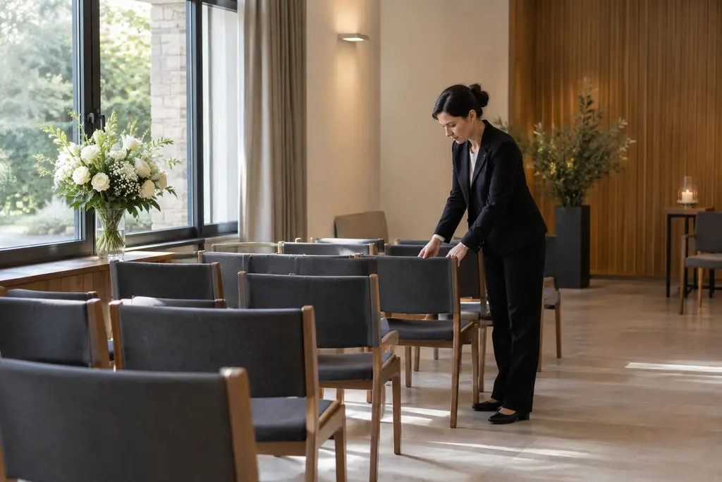 Une employée ajuste les chaises d’une salle de cérémonie éclairée par une fenêtre.