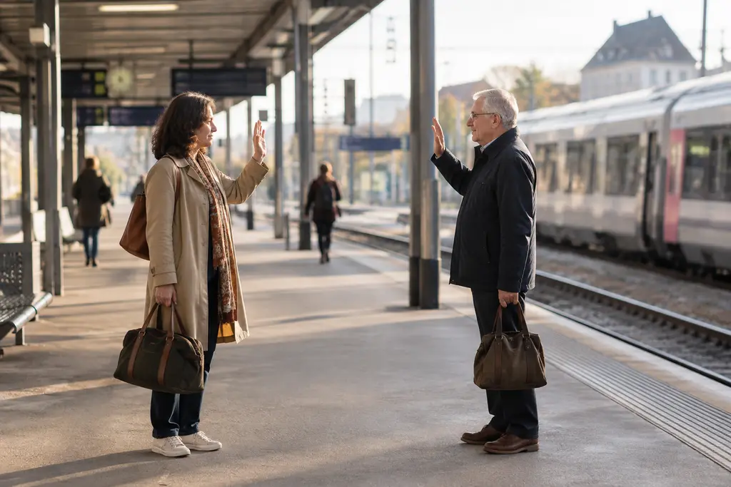 Deux proches se disent au revoir sur un quai de gare français, près d’un train flou.