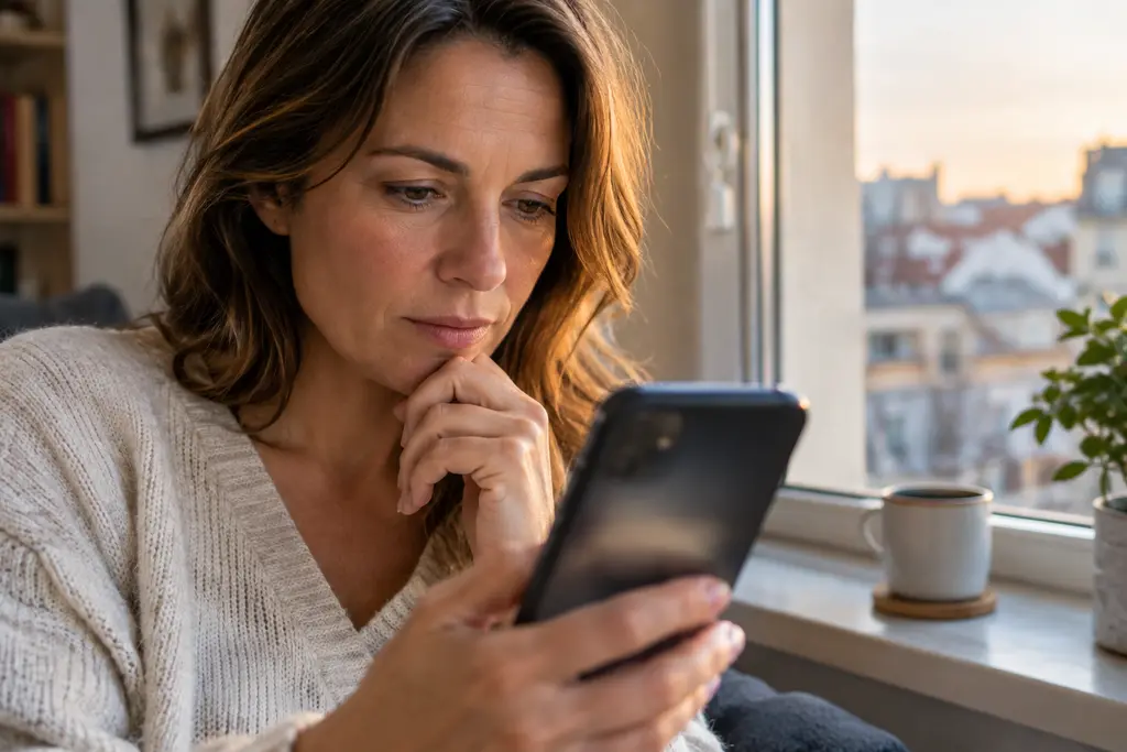 Une femme consulte son téléphone près d’une fenêtre, l’écran restant flou et illisible.