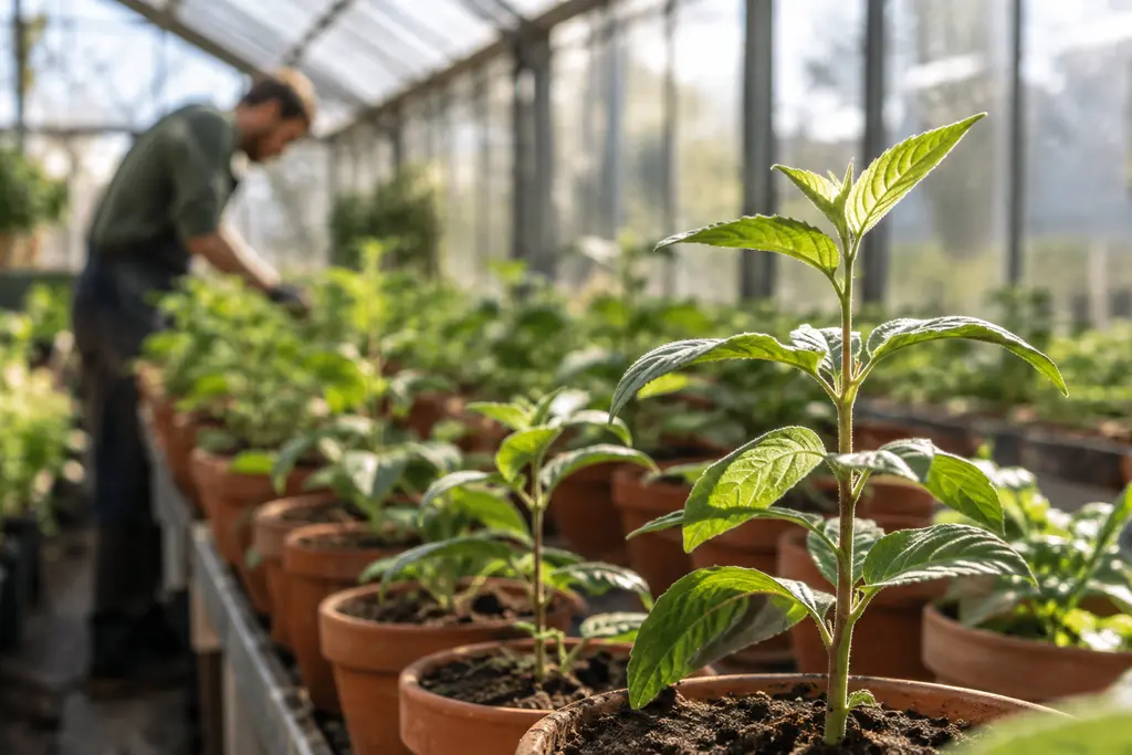 Une jeune pousse dépasse des rangées de plants dans une serre lumineuse.