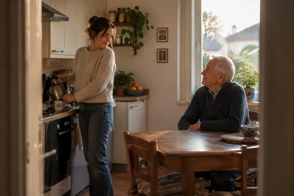 Une femme prépare une tisane pour son père âgé dans une cuisine familiale.