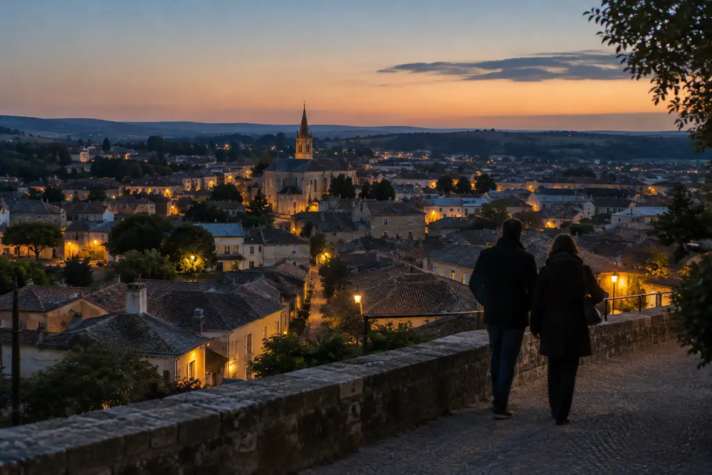 Deux silhouettes observent les toits d’une petite ville française au crépuscule.