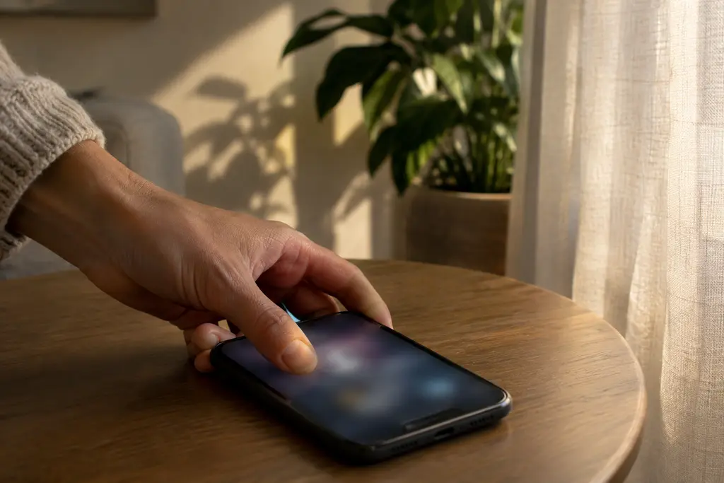 Une main verrouille un téléphone à l’écran flou près d’une plante d’intérieur.