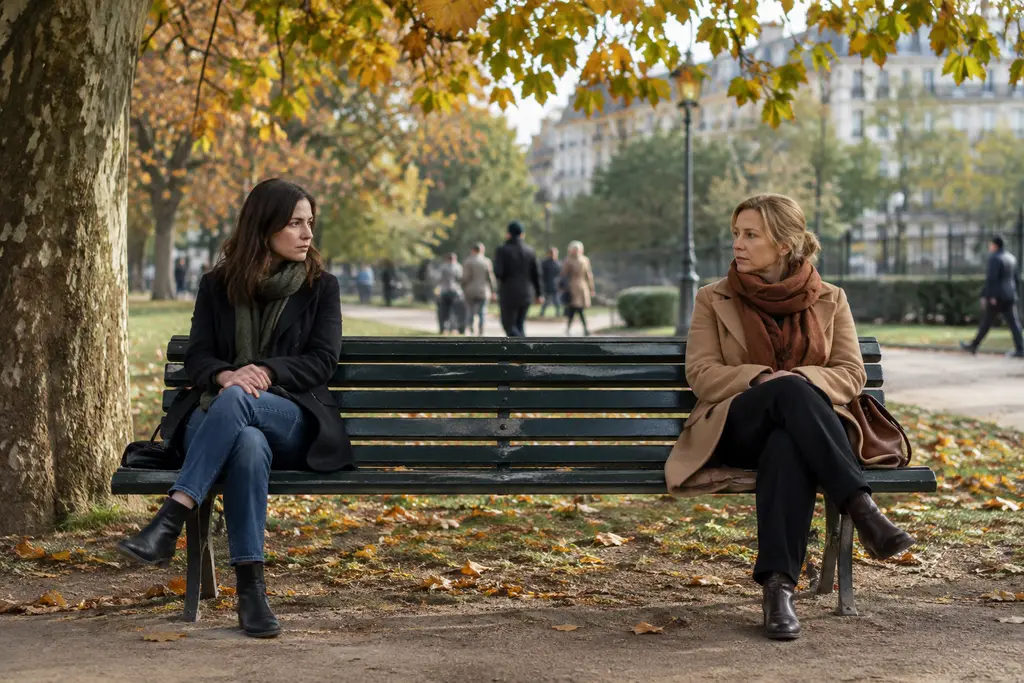 Deux sœurs discutent à distance sur un banc, dans un parc urbain d’automne.