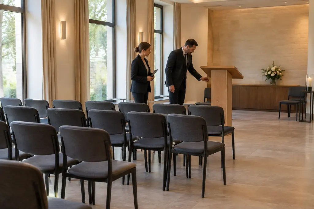 Deux professionnels vérifient la disposition des chaises dans une salle de cérémonie vide.