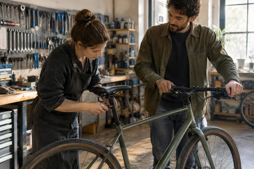 Une femme ajuste la selle d’un vélo tandis que son compagnon maintient le guidon.