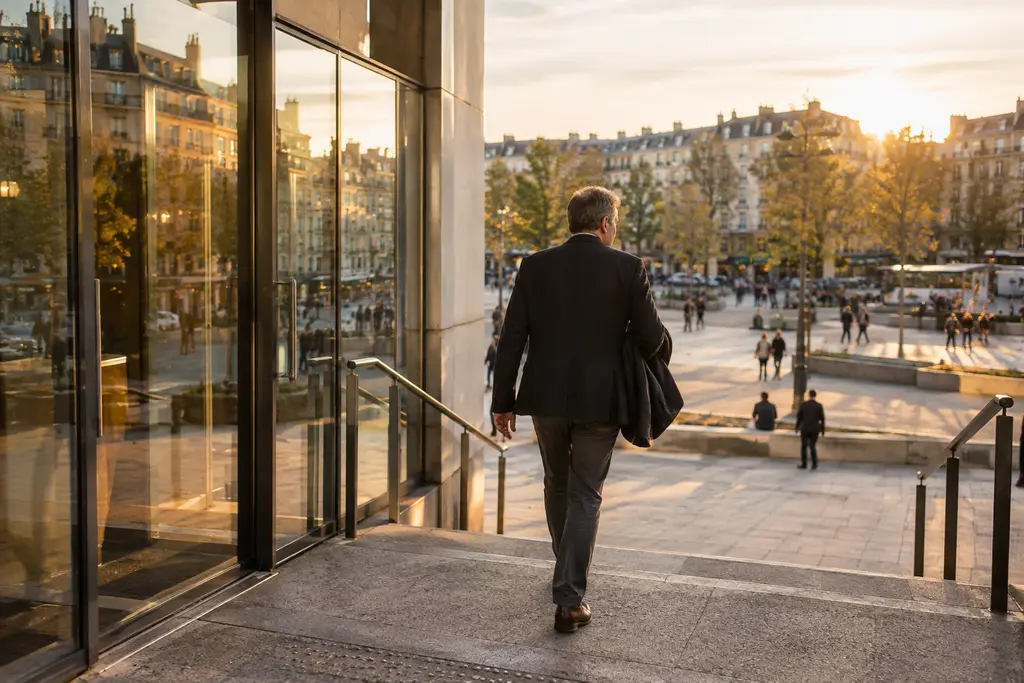Un homme quitte un bâtiment de services et traverse une place en fin de journée.