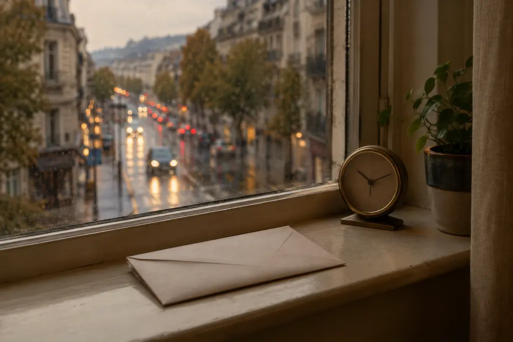 Un courrier fermé et une horloge sont posés près d’une fenêtre donnant sur une rue pluvieuse.