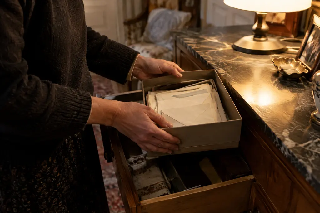 Des mains fouillent une boîte d’enveloppes anonymes dans un tiroir de meuble familial.