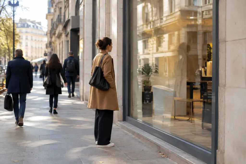 Une passante s’arrête devant la vitrine neutre d’un cabinet, dans une rue de centre-ville.