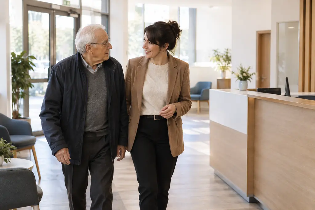 Une agente accompagne un homme âgé vers l’accueil lumineux d’un centre communal.