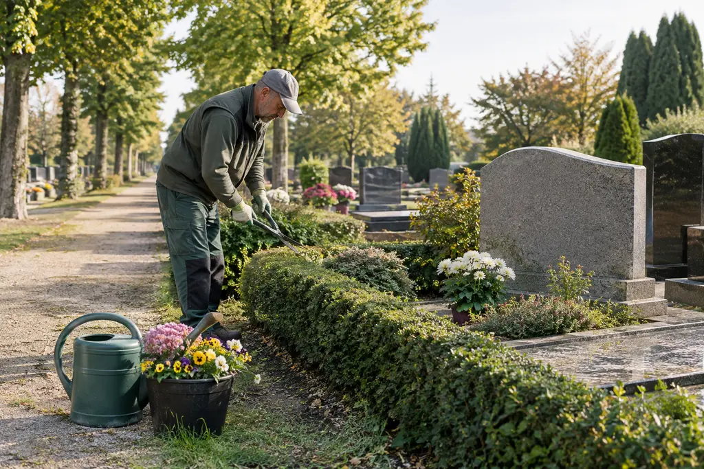 Un jardinier taille une haie près d’une sépulture fleurie dans un cimetière arboré.