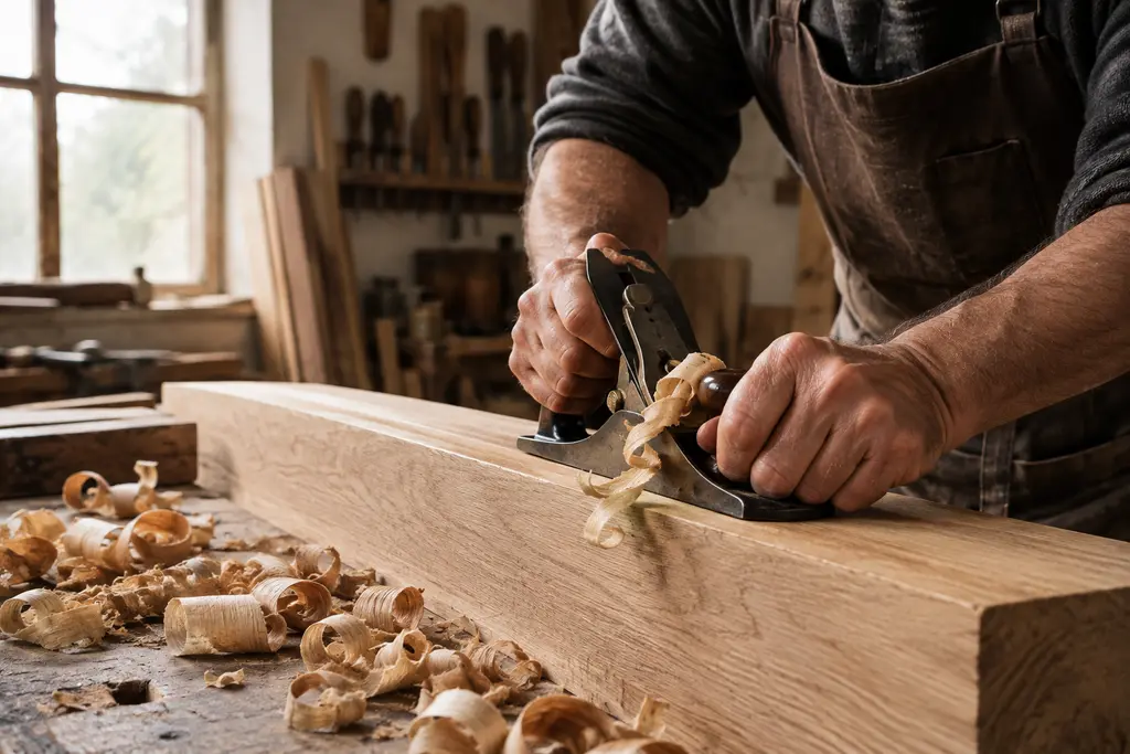 Un artisan ponce une planche de chêne dans un atelier de menuiserie lumineux.