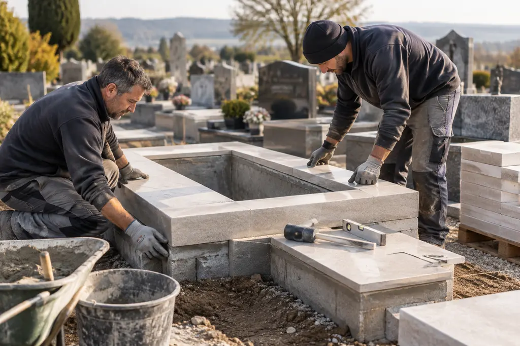 Deux ouvriers ajustent des blocs de pierre sur un chantier dans un cimetière.