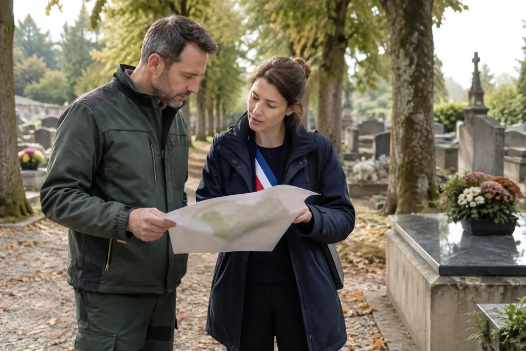 Deux agents municipaux examinent un plan flou dans une allée de cimetière arborée.