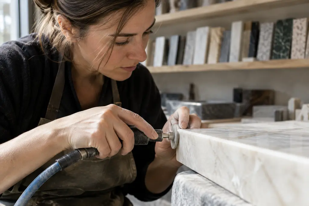 Une artisane polit une dalle de pierre dans un atelier de marbrerie.