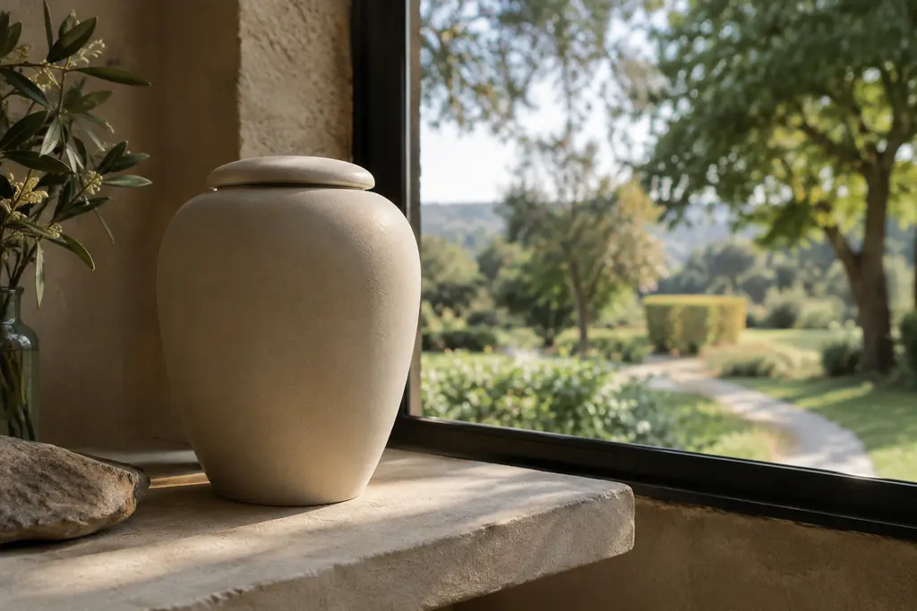 Une urne en céramique mate repose près d’une fenêtre ouverte sur un jardin.
