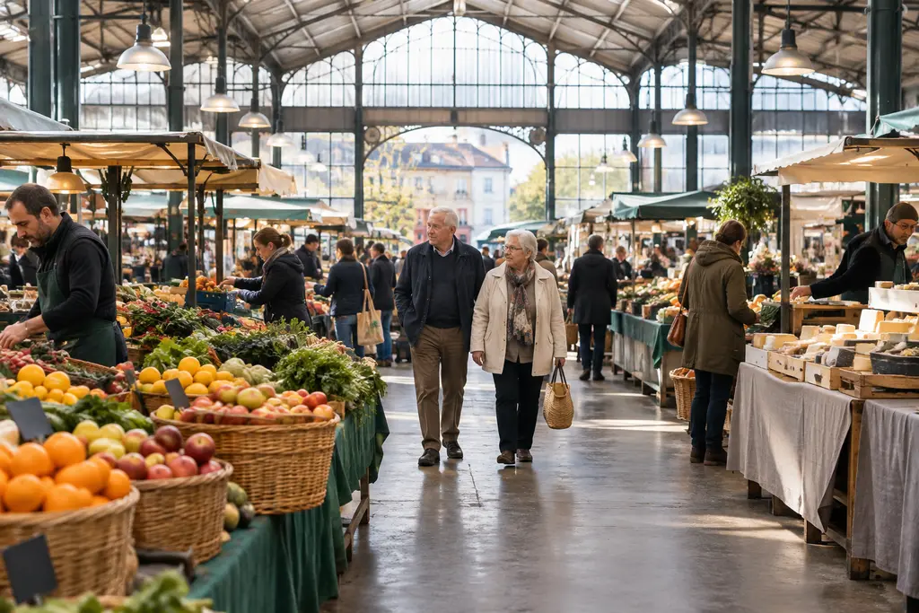 Un couple âgé traverse un marché couvert pendant que les commerçants installent leurs étals.
