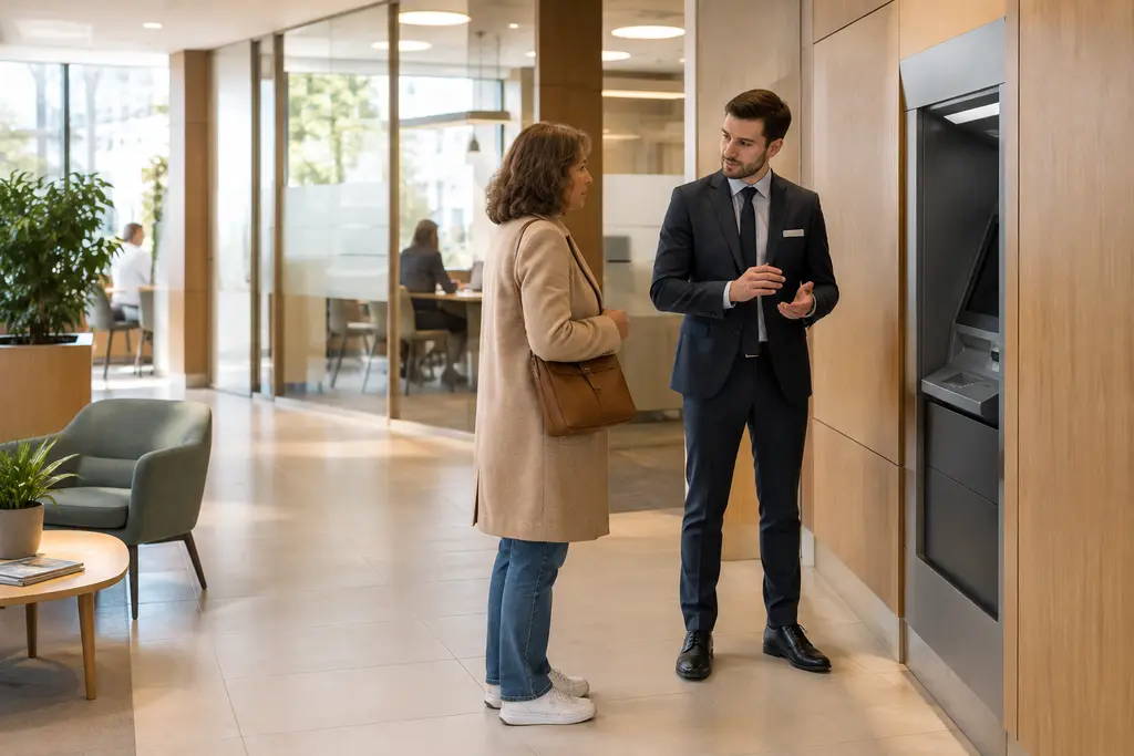 Une cliente échange avec un employé dans le hall lumineux d’une agence bancaire sans enseigne.