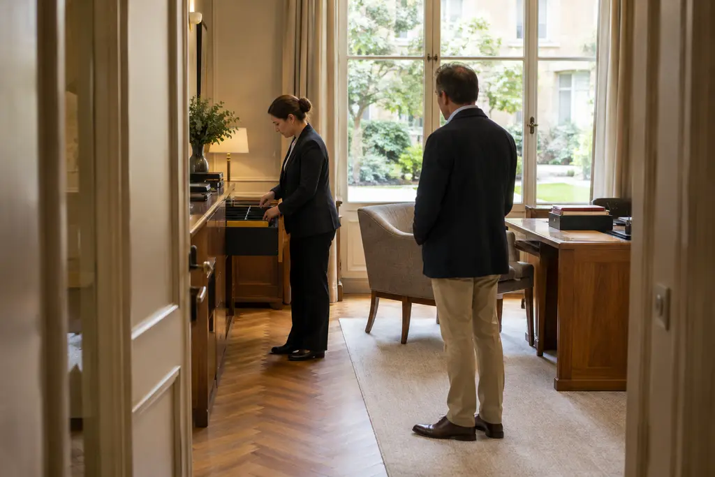 Une secrétaire ouvre un tiroir de classement pendant qu’un client attend dans un bureau de notaire.