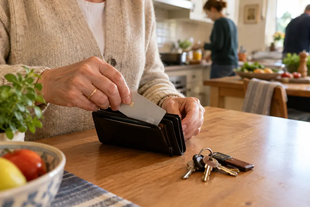 Une femme sort une carte bancaire neutre de son portefeuille dans une cuisine familiale.