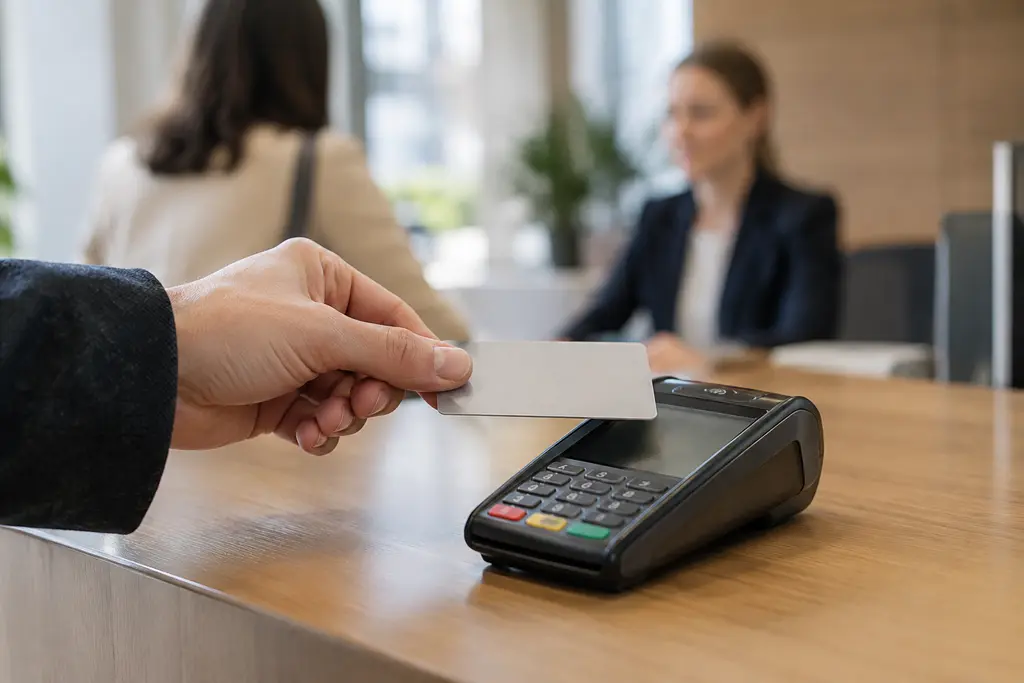Une carte neutre est posée près d’un terminal éteint sur un comptoir bancaire.
