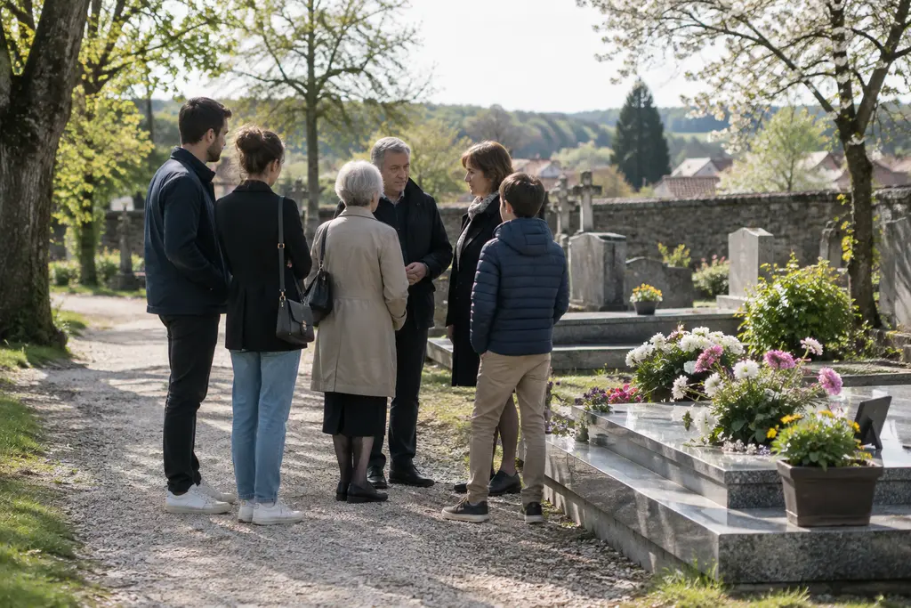 Des membres d’une famille se tiennent ensemble près d’une tombe fleurie dans un cimetière de village.