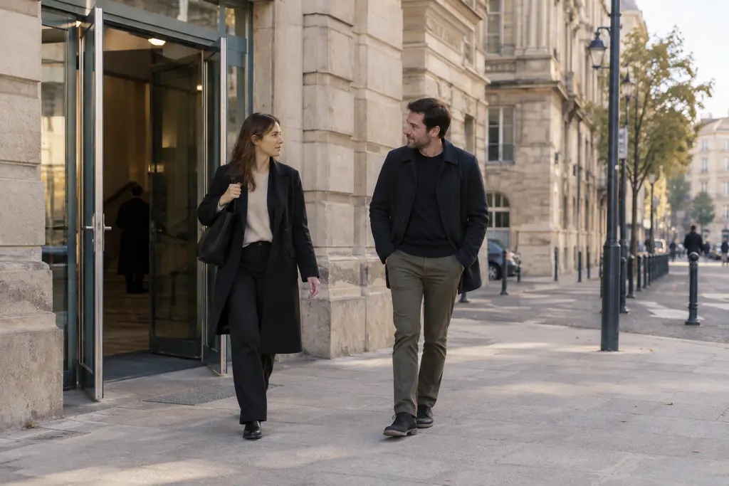 Une femme rejoint son compagnon sur le trottoir après avoir quitté un bâtiment de justice.