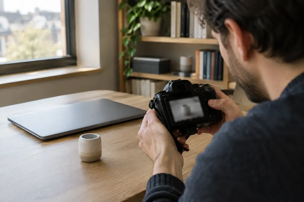 Un éditeur photographie un objet neutre dans une salle de rédaction lumineuse.