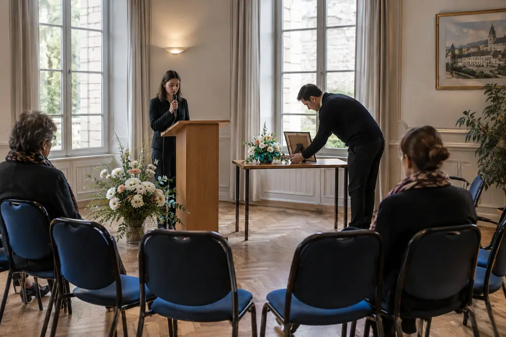 Une jeune femme prépare un pupitre et des chaises pour un hommage civil.