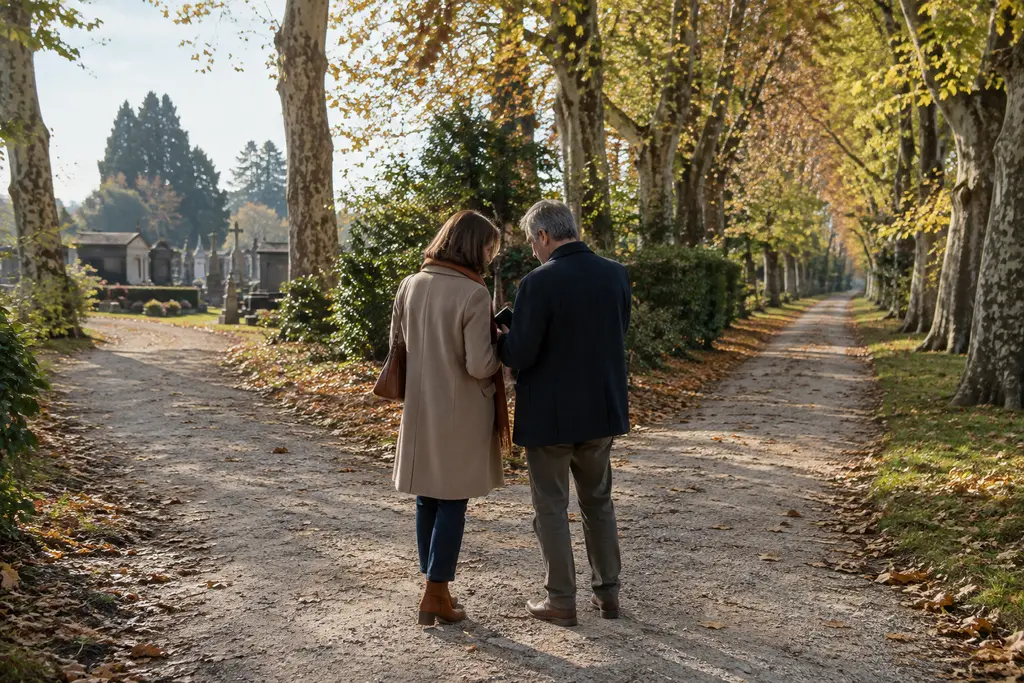 Deux proches s’arrêtent devant des allées qui se séparent à l’entrée d’un cimetière.