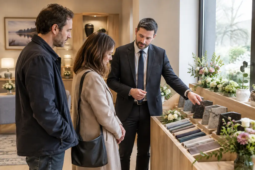 Un conseiller présente des échantillons à deux visiteurs dans une agence funéraire sobre.