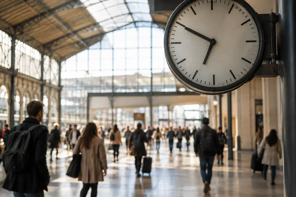 Des voyageurs traversent un hall de gare sous une horloge photographiée de près.