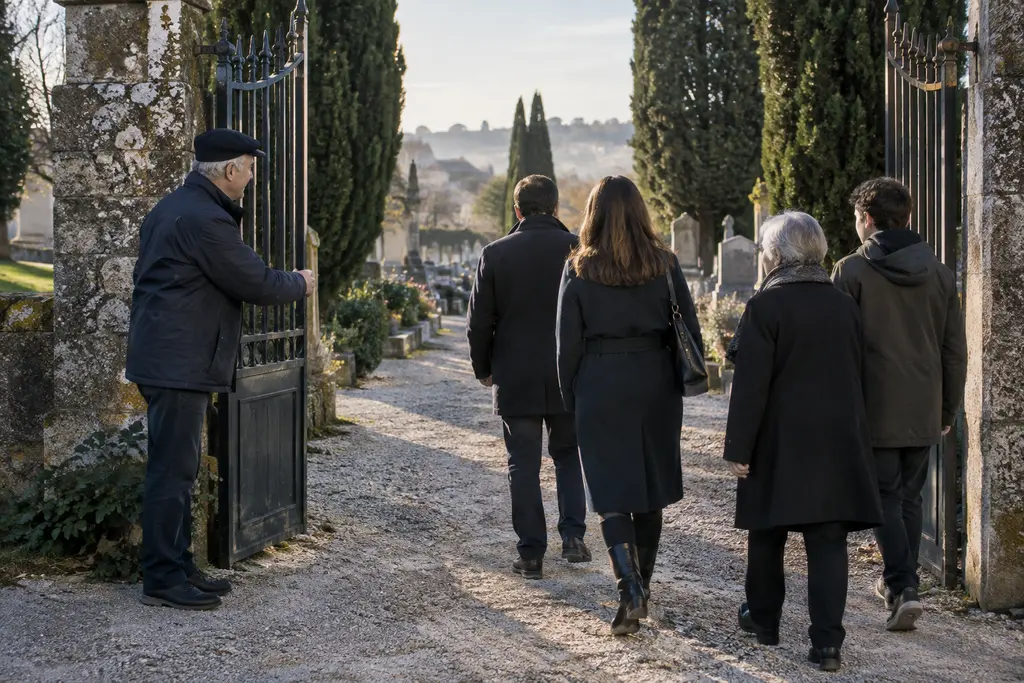 Un gardien ouvre la grille d’un cimetière à une famille arrivant sur l’allée.