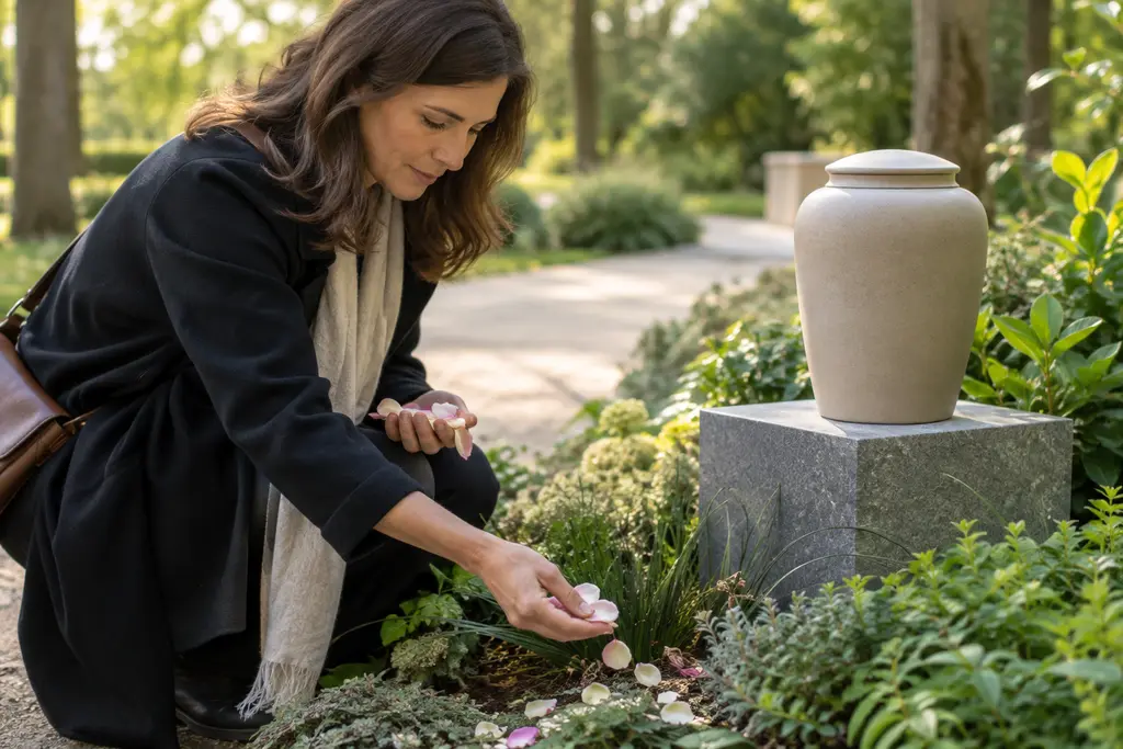 Une urne sobre repose sur un socle près d’un jardin du souvenir arboré.