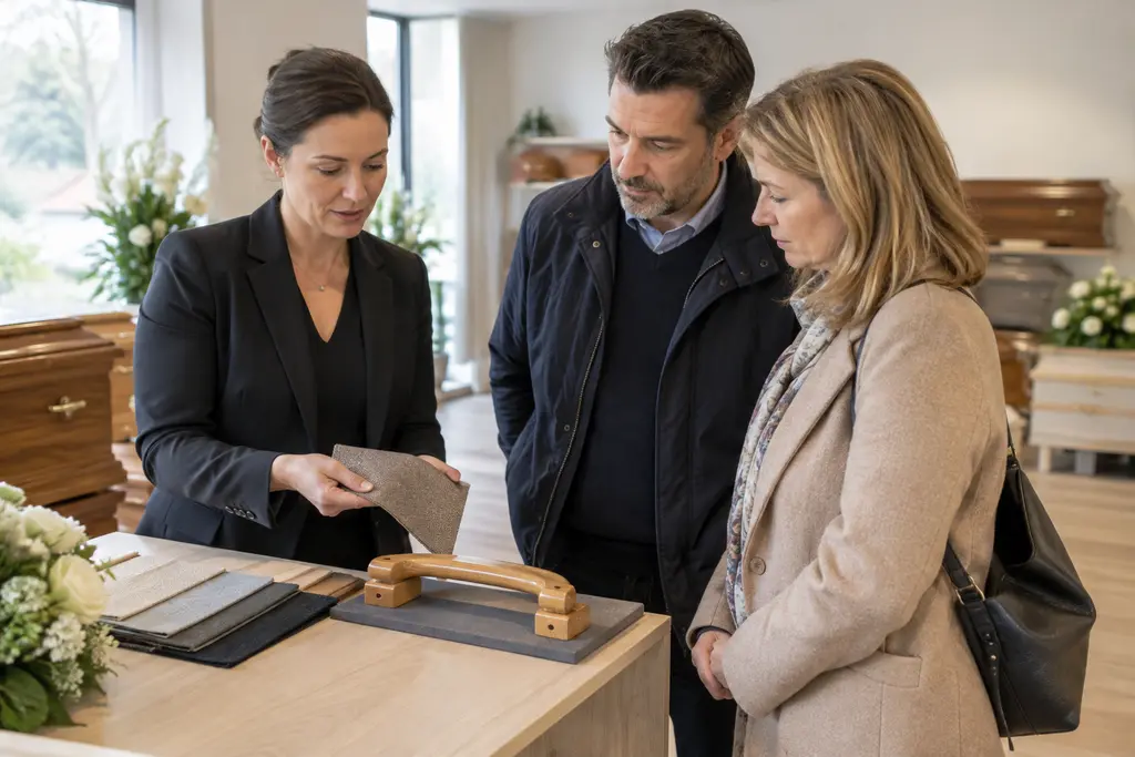 Une employée présente des matériaux à un couple dans un atelier funéraire lumineux.