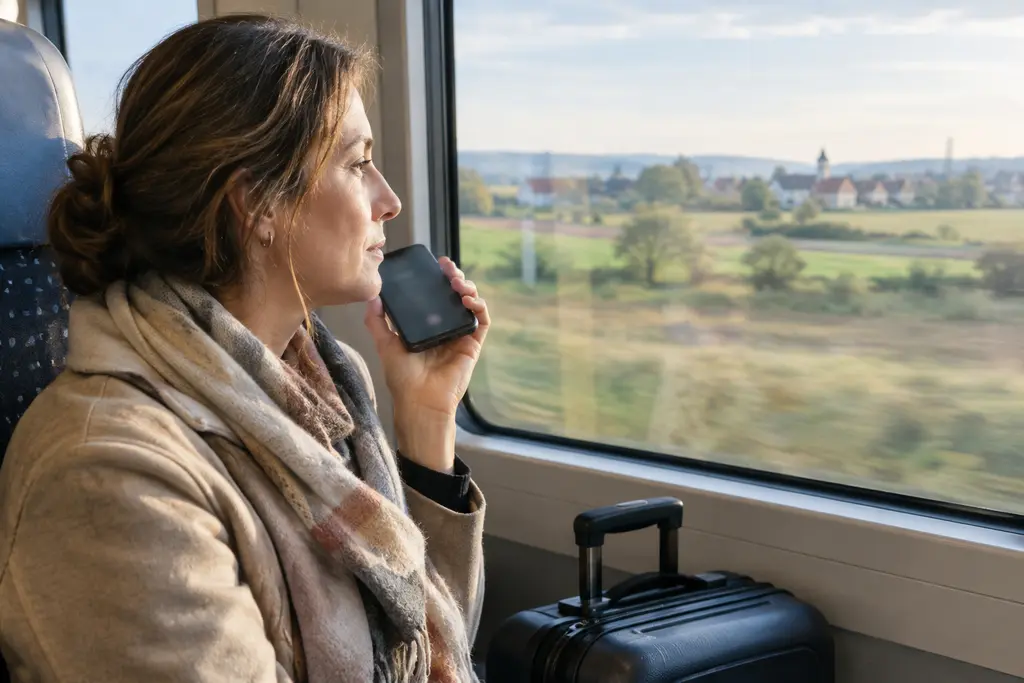 Une voyageuse écoute son téléphone dans un train régional traversant la campagne française.