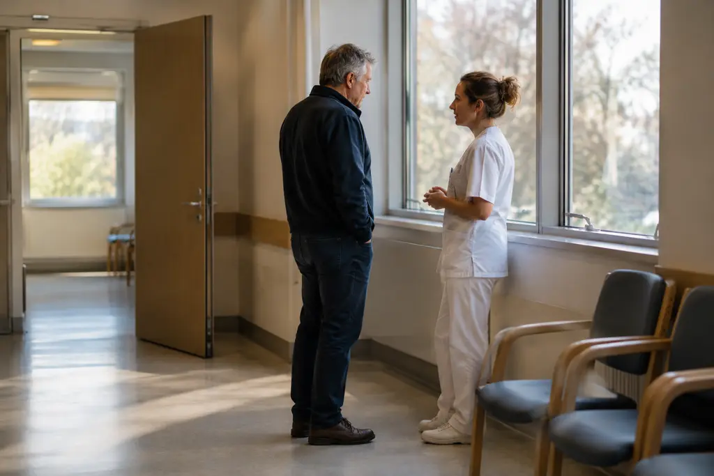 Un homme parle avec une infirmière dans un couloir d’hôpital calme et lumineux.
