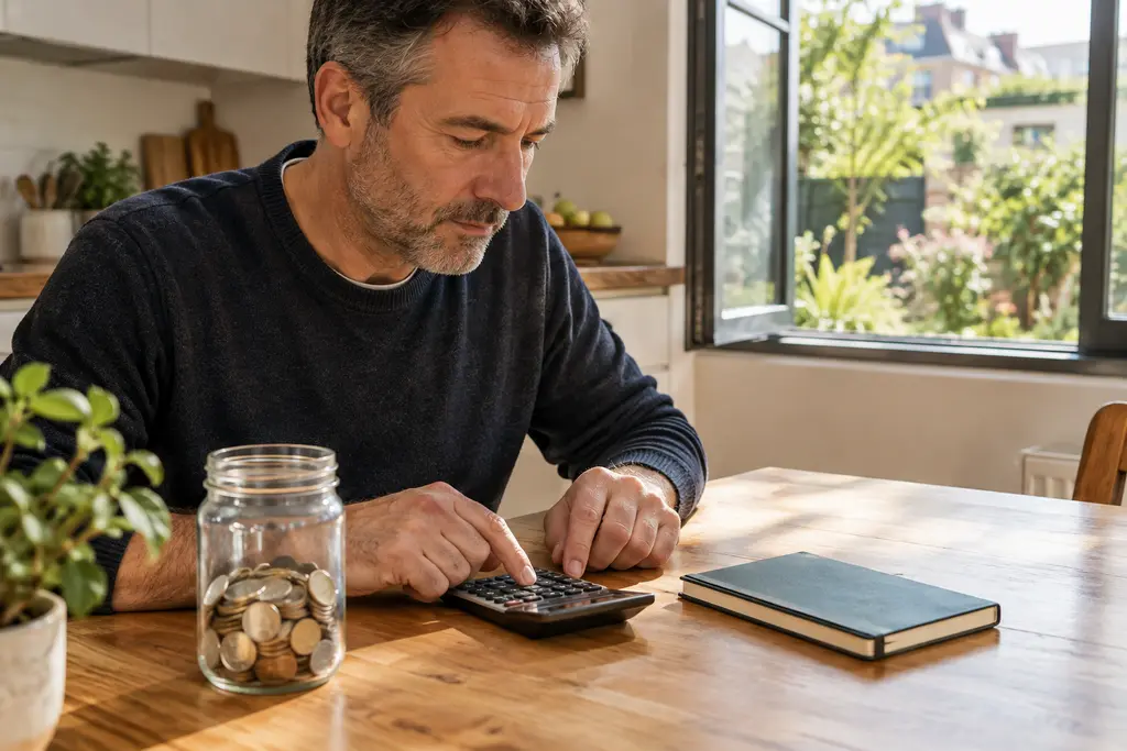 Un homme utilise une calculatrice près d’un carnet fermé dans une cuisine lumineuse.