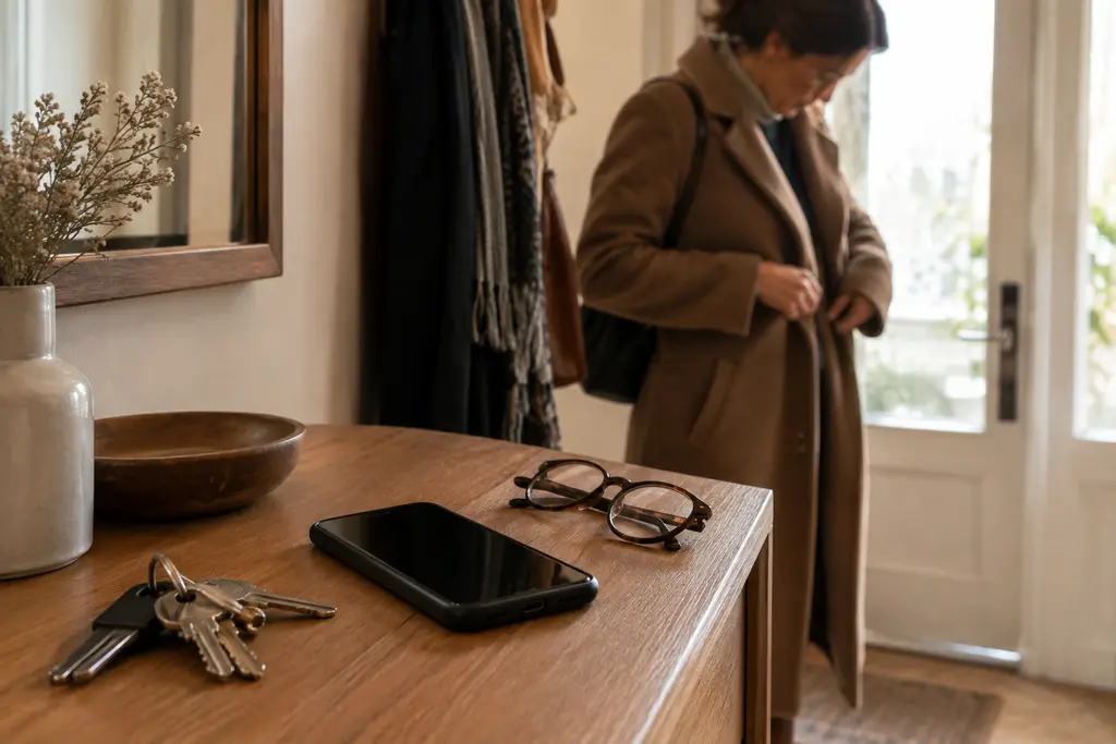 Des clés, un téléphone éteint et des lunettes attendent sur une console d’entrée.
