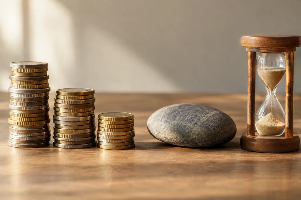 Des pièces en petites piles côtoient un galet et un sablier sur un fond neutre.