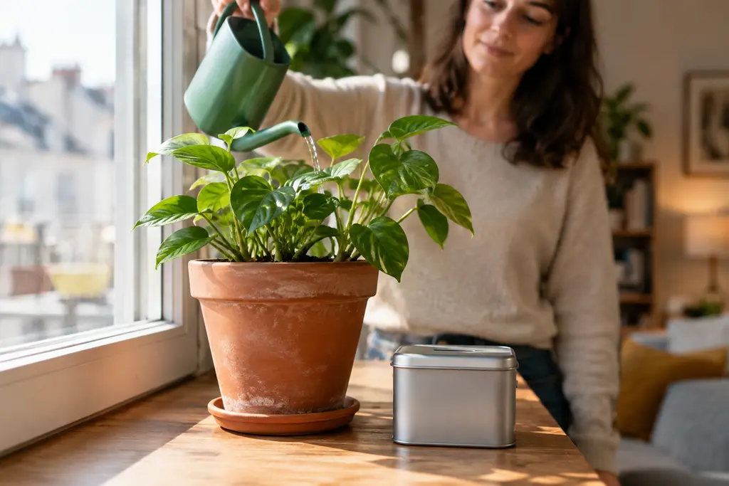 Une boîte d’épargne neutre et une plante en pot reposent près d’une fenêtre.