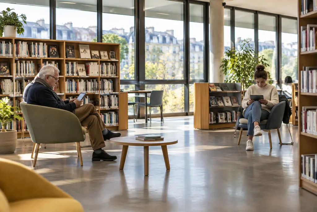 Une jeune femme et un homme âgé utilisent séparément des appareils dans une médiathèque.
