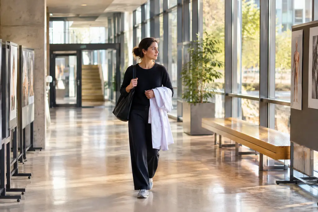 Une chercheuse traverse le hall vitré d’une faculté de médecine, sans laboratoire visible.