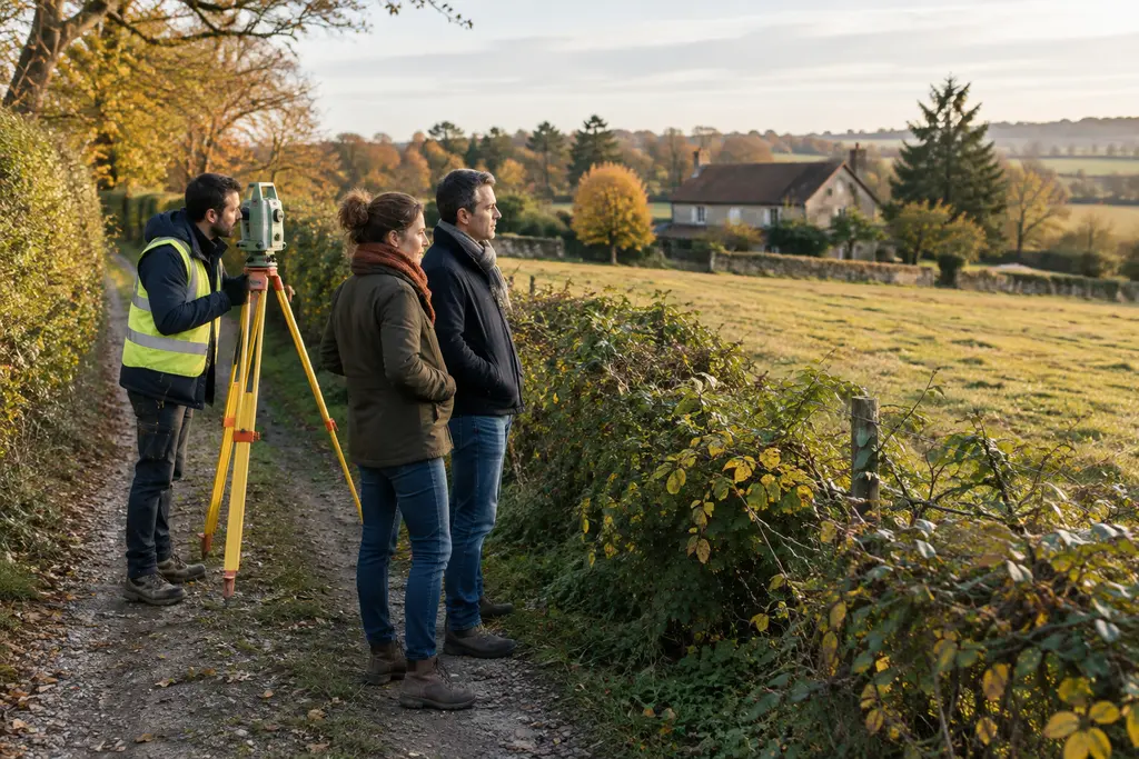 Un géomètre mesure un terrain rural tandis que deux propriétaires observent à distance.